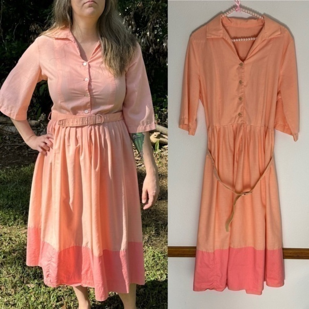 Vintage peach orange collared dress with matching belt